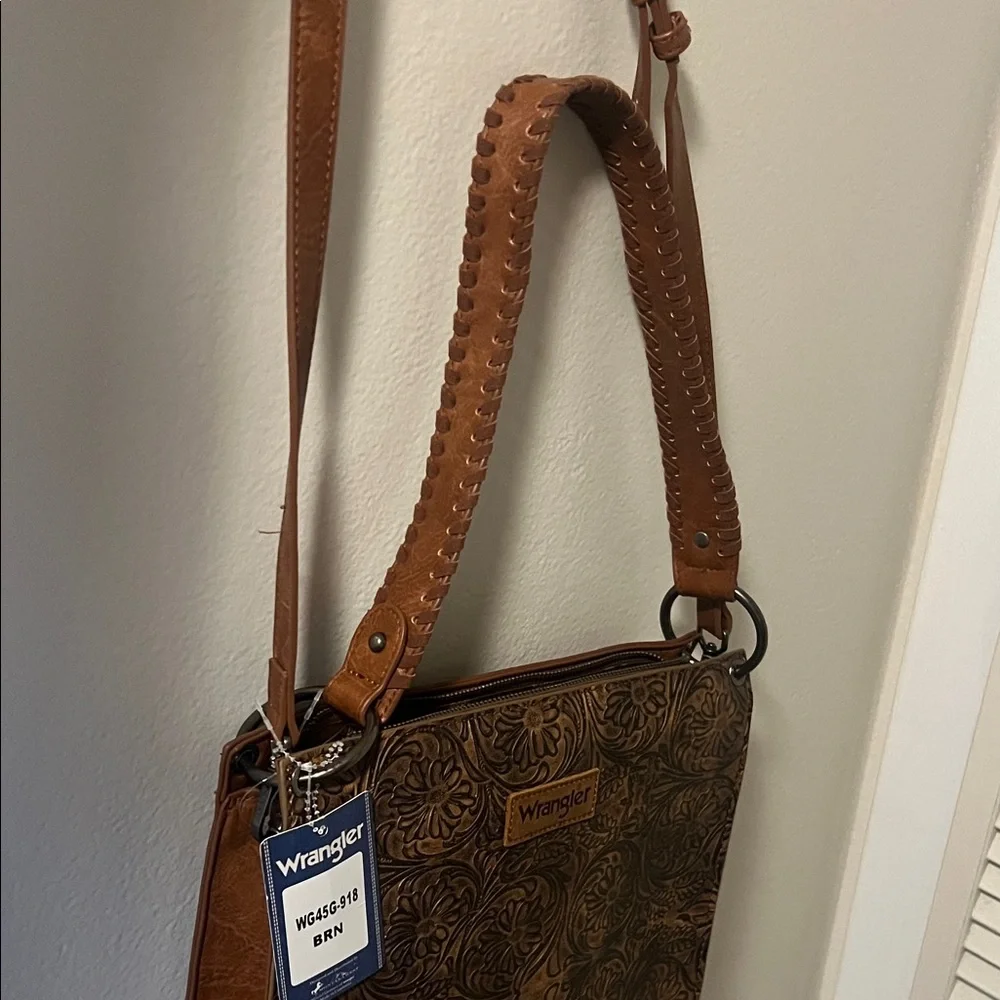 NWT Wrangler Embossed Brown Shoulder or Crossbody Bag/Purse Fringe Floral Detail - Picture 6 of 12